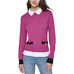 KARL LAGERFELD PARIS Crewneck Sweater Large French Fuschia Academia Preppy Work